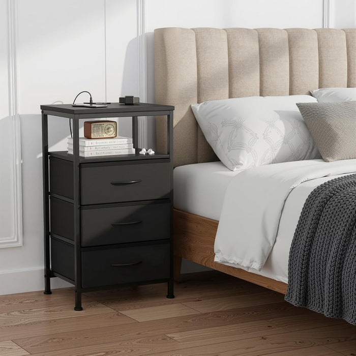 Taoset Smart Nightstand with LED Lights & Charging Station | Remote App Control Bedside Table | 2 AC Outlets, USB-C Port, 3 Drawer Storage | Modern End Table for Bedroom, Black