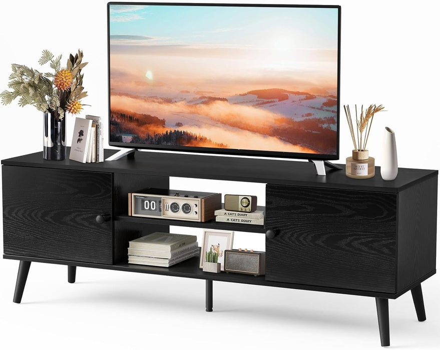 TV Stand for 55 60 inch TV, Modern Mid Century Entertainment Center with Storage, Media Console Table 2 Cabinet, for Living Room, Office, Black