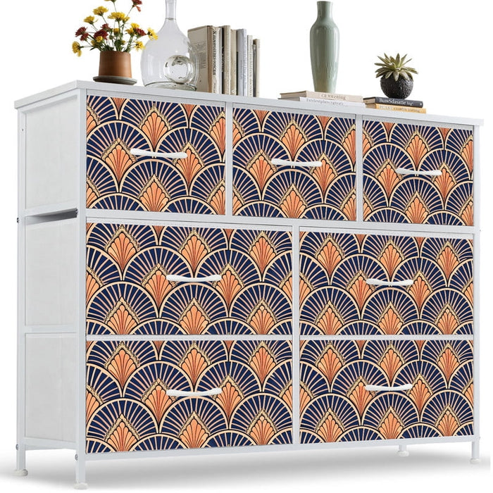 Betcozy 7 Drawers Fabric Dresser with White Metal Frame, Storage Tower for Bedroom, Antique Wave Dark Green
