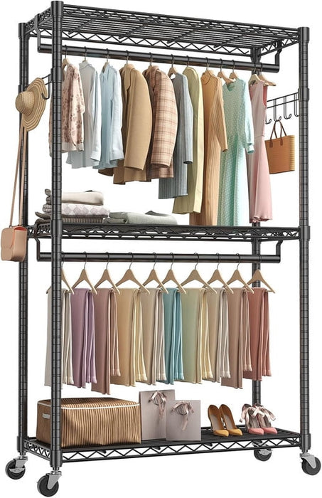 Simenmax 47'' Clothes Rack with Wheels, 360° Lockable Rolling Garment Rack, Double Rods & Side Hooks Freestanding Closet Organizer,Black