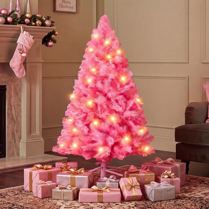 Simenmax 4.5 FT Pink Pre-Lit Christmas Tree – Artificial Xmas Tree with 120 Warm White LED Lights, 347 PVC Tips, 8 Lighting Modes, Hinged Design & Metal Stand for Holiday Home Decor
