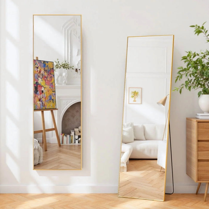 Sybels Rectangle Floor Mirror, 59" Full-Length Mirror in Aluminum for Bedroom & Living Spaces, Gold