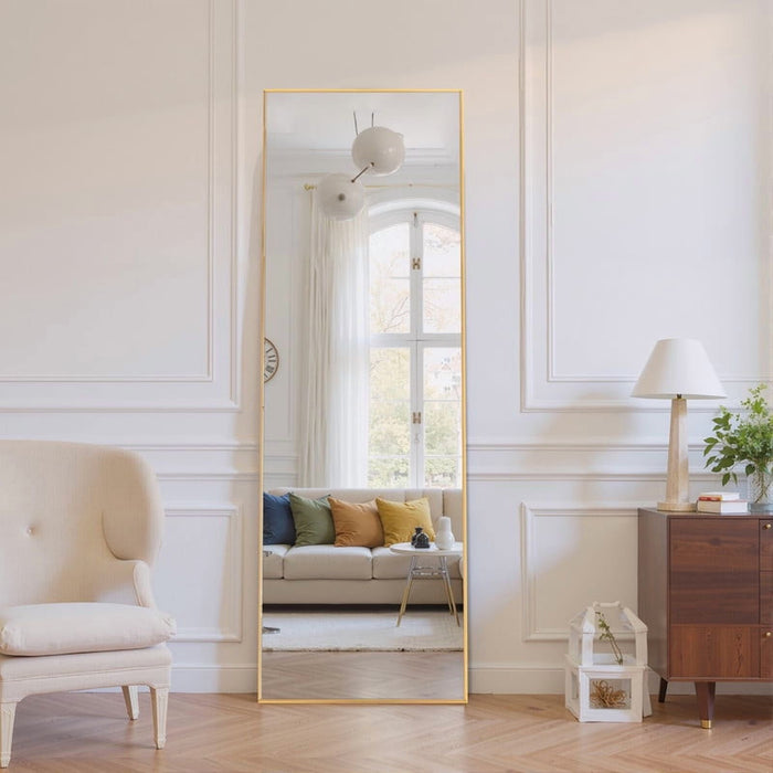 Sybels Rectangle Floor Mirror, 59" Full-Length Mirror in Aluminum for Bedroom & Living Spaces, Gold