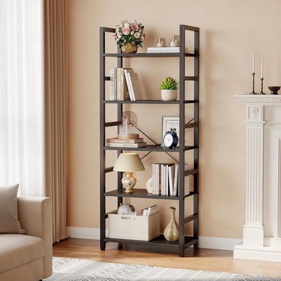 TINKLE WELL 5-Tier Modern Tall Bookshelf, Multi-Purpose Storage BookShelf for Home, Office, Garage, Industrial Corner, Organizer for Books, Movies, CDs and More