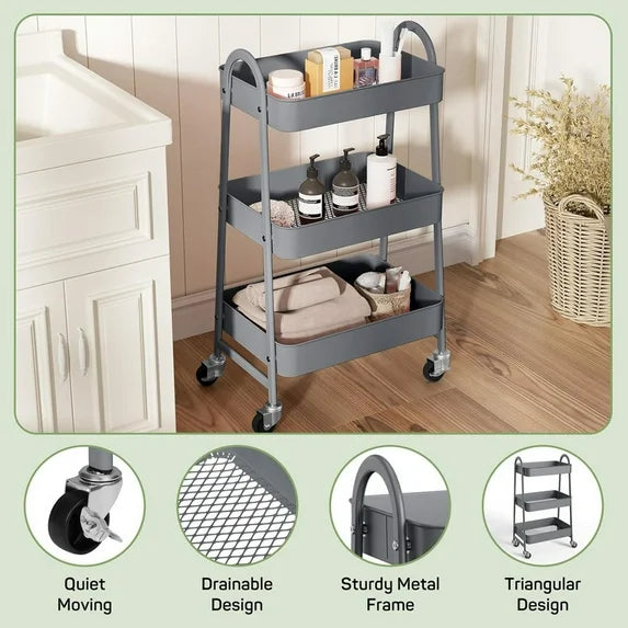 Sybels 3-Tier Rolling Cart with Locking Wheels, Heavy Duty Metal Utility Organizer for Kitchen, Bathroom & Office, Gary