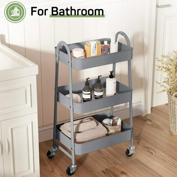 Sybels 3-Tier Rolling Cart with Locking Wheels, Heavy Duty Metal Utility Organizer for Kitchen, Bathroom & Office, Gary
