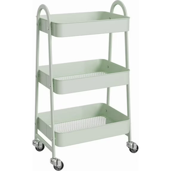 Sybels 3-Tier Rolling Cart with Locking Wheels, Heavy Duty Metal Utility Organizer for Kitchen, Bathroom & Office, Green