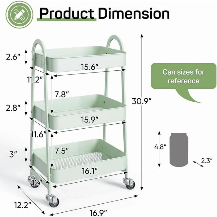 Sybels 3-Tier Rolling Cart with Locking Wheels, Heavy Duty Metal Utility Organizer for Kitchen, Bathroom & Office, Green