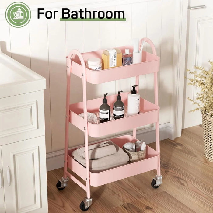 Sybels 3-Tier Rolling Cart with Locking Wheels, Heavy Duty Metal Utility Organizer for Kitchen, Bathroom & Office, Pink