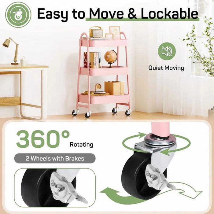 Sybels 3-Tier Rolling Cart with Locking Wheels, Heavy Duty Metal Utility Organizer for Kitchen, Bathroom & Office, Pink