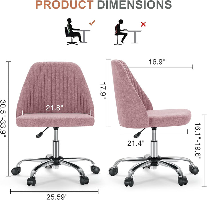 Sybels Modern Office Chair: Armless Swivel Desk Chair with Wheels, Adjustable Height Rolling Task Chair for Home, Dorm，Pink