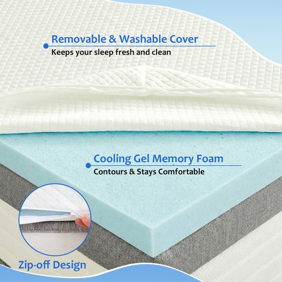Beddle Gel Memory Foam Mattress Topper with Washable Cover for Pressure Relief