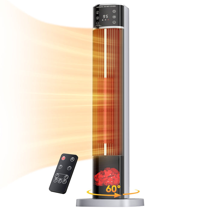 Taoset Oscillating Tower Space Heater with 3D Flame Effect, 31.89" Electric Space Heater with Remote & Timer for Bedroom, Silver
