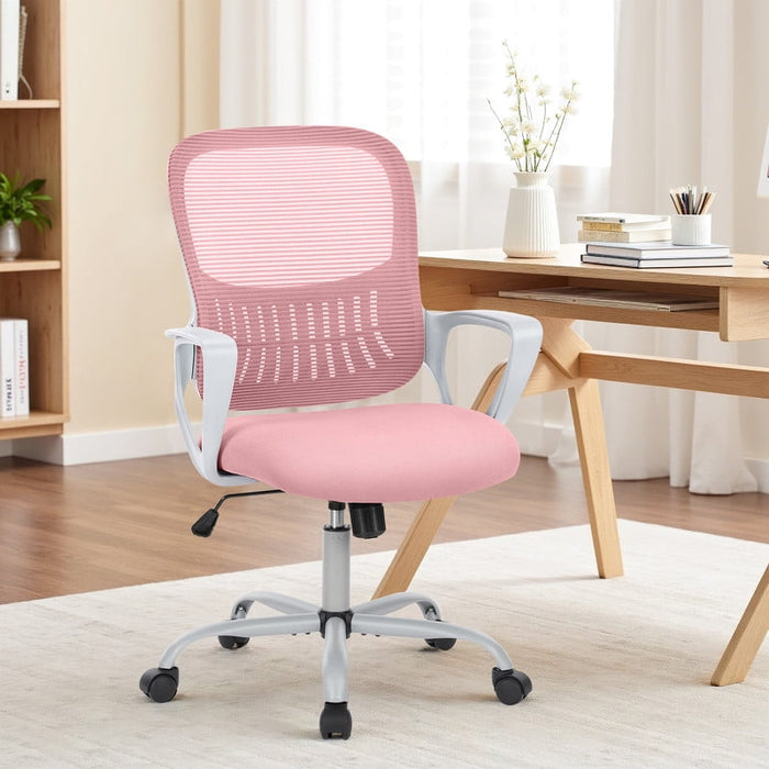 Betcozy Office Desk Chair, Ergonomic Mid-Back Mesh Chair with Wheels, Comfy Lumbar Support with Fixed Arms for Home office, Gaming, Study, Pink