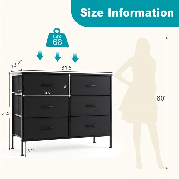 Aidoly Bedroom Dresser, Storage Drawers, Anti-Tip Wide Fabric Closet Chests Organizer Tower Furniture with Wooden Top Metal Frame for Living Room, Hallway, Entryway