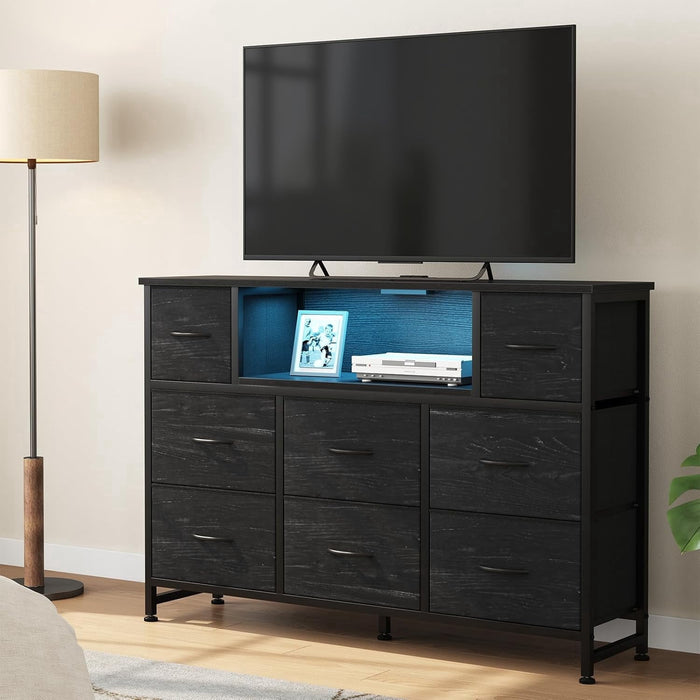Taoset 8-Drawer TV Stand with LED Lights, Entertainment Center with Open Storage Shelf, Up for 50/55 inch TV, Media Console with Charging Station for Bedroom & Living Room, Black Wood