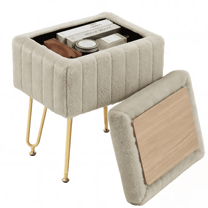 Blorly Vanity Storage Ottoma with Tray Top, Faux Fur Footrest Stool with Gold Hairpin Legs, Padded Vanity Seat for Living Room & Bedroom, Camel