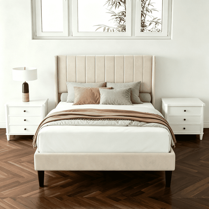 Taoset Twin Bed Frames with Headboard, Fabric Upholstered Platform Bed with Wood Slats 500 lbs Support , Noise Free, No Box Spring Needed, Beige