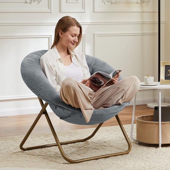 Comfy Saucer Chair, Folding Cozy Faux Fur Accent Seat with Thick Padded and Metal Frame, Single Leisure Chair for Living Room Bedroom