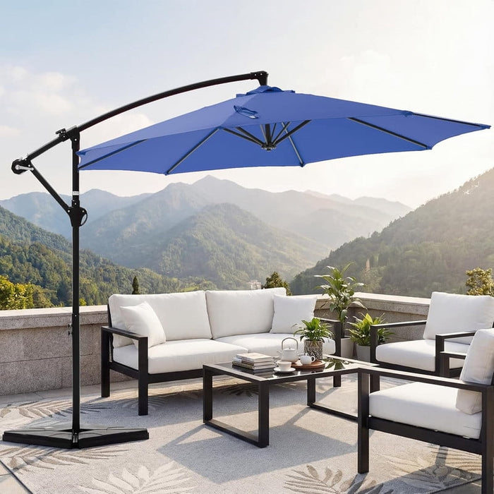 Simenmax 9.8FT Offset Cantilever Umbrella with Base, Patio Hanging Umbrella for Outdoor Shade for Backyard, Pool, Garden (Blue)