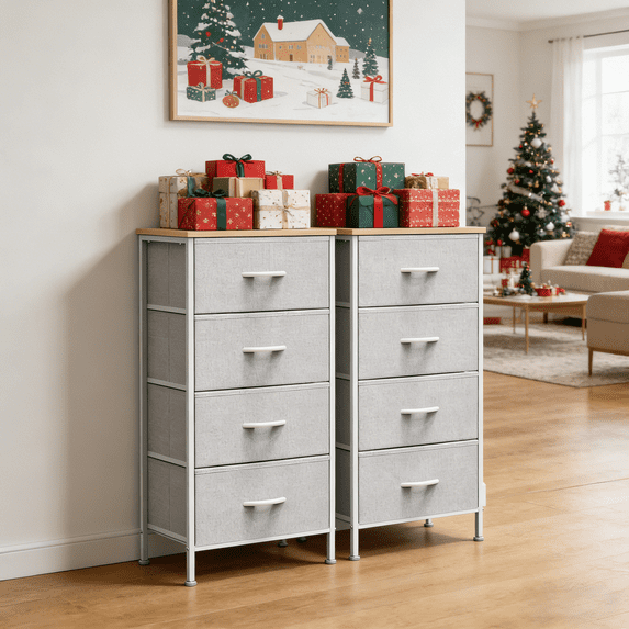 Aidoly Dresser, 4 Storage Drawers, Anti-Tip Fabric Closet Chests Organizer Tower Furniture with Wooden Top, Metal Frame