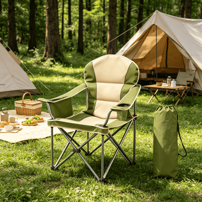 Taoset Oversized Camping Chair, Folding Chairs with Padded Back and Armrest, Steel Frame with Cooler Bag, Storage Netting Cup Holder, Green