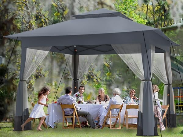 13'x 13' Pop Up Gazebo with Mosquito Netting, Outdoor Gazebo Waterproof Canopy Tent with Double Roof Tops for Patio, Group Gatherings, Camping，Gray