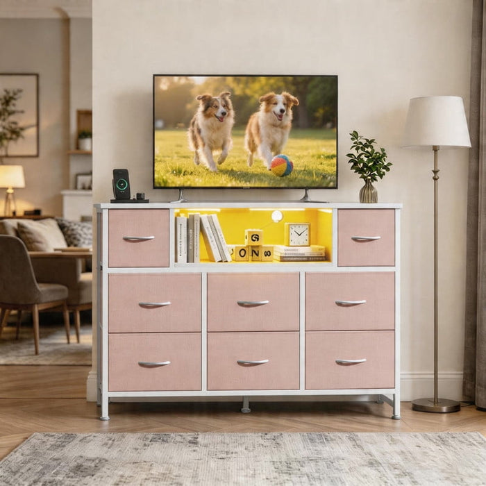 Betcozy LED TV Stand for 50/55 inch TV, Dresser with 8 Fabric Drawers, Entertainment Center with Open Storage Shelves & Power Outlet, Tall Storage Chest for Bedroom, Living Room, Pink