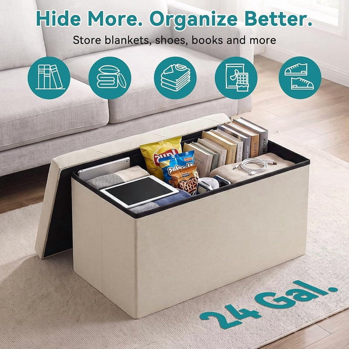 Nextay 30" Folding Storage Ottoman Bench, Linen Fabric Footrest Stool with Hidden Storage, Beige