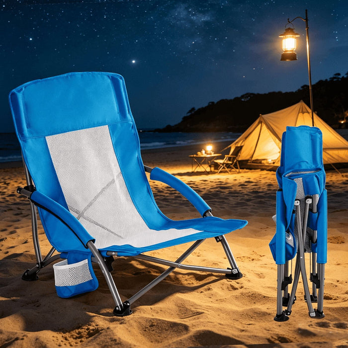 Betcozy Camping Chair, Low Profile Folding Outdoor Seat with Breathable Mesh, Heavy Duty Portable Ground Chair with Cup Holder for Music Festival, Picnic, Lawn & Beach, Blue