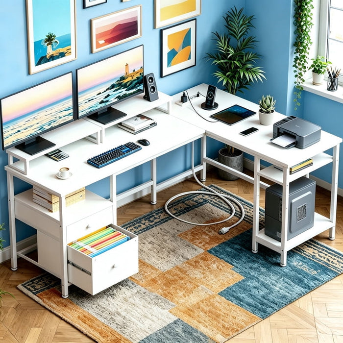 Betcozy 62" Reversible L-Shaped Desk with Power Outlet, Monitor Stand, File Drawer & Storage Shelves for Dual Monitors & Printer, White