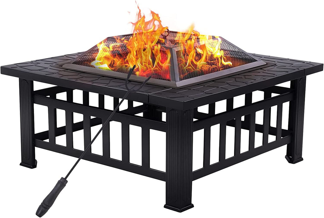 Blorly 32" Steel Square Fire Pit for Outside, Wood Burning Outdoor Firepit Includes Fire Poker and Cover, for Outdoor Heating, Garden,Backyard,Camping,Black