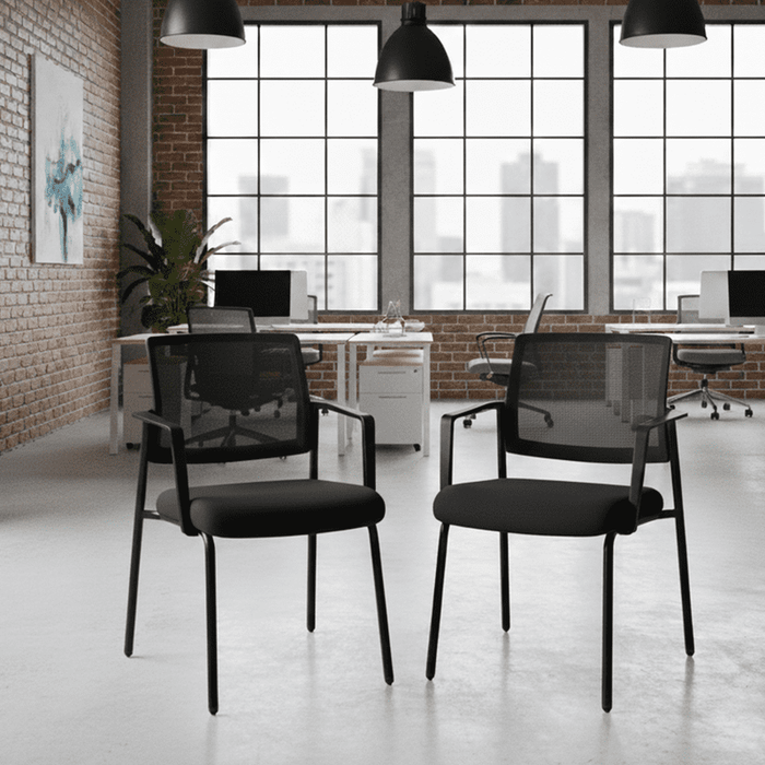 Betcozy Stacking Waiting Room Guest Chair, Set of 2 Office Mesh Arm Chair with Comfy Padded Seating, Room Saving, Black