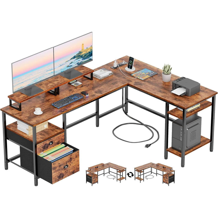 Taoset 62" Reversible L Shaped Desk, Large Corner Computer Desk with Built-in Power Outlet, File Drawer & Monitor Stand, for Home Office & Gaming, Rust Brown