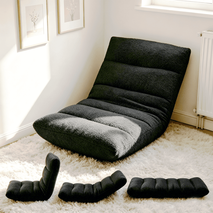 Blorly 4-Position Adjustable Floor Chair, Folding Lazy Sofa Recliner, Cozy Boucl茅 Teddy Fabric Floor Lounger with Back Support for Bedroom, Living Room, Meditation, Reading, Black