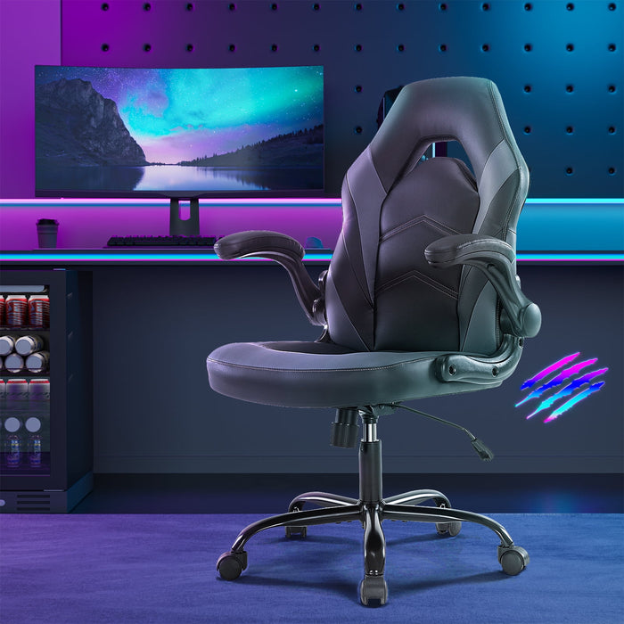 Betcozy Office Chair with Large Back, PU Leather Swivel Gaming Chair with Thicken Seats and Flip-up Armrests, Chair for Gaming, Work, Sturdy, Gray