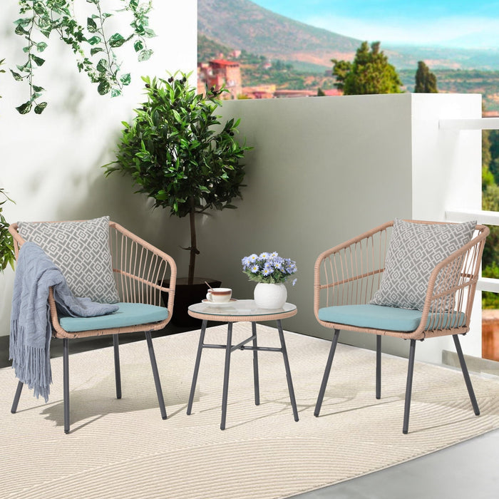 Blorly 3-Piece Patio Set With Back Cushion, Outdoor PE Rattan Bistro Furniture Set, Patio Rattan Conversation Set for Yard Garden Porch Bistro, Turquoises