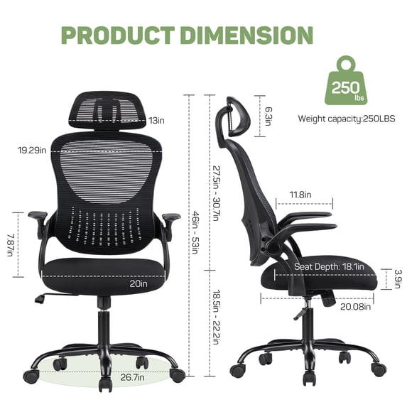 Ergonomic Office Desk Chair, High-Back Mesh Computer Chair with Adjustable Headrest, Lumbar Support, Flip-Up Armrests, Swivel Rolling Task Chair for Home Office