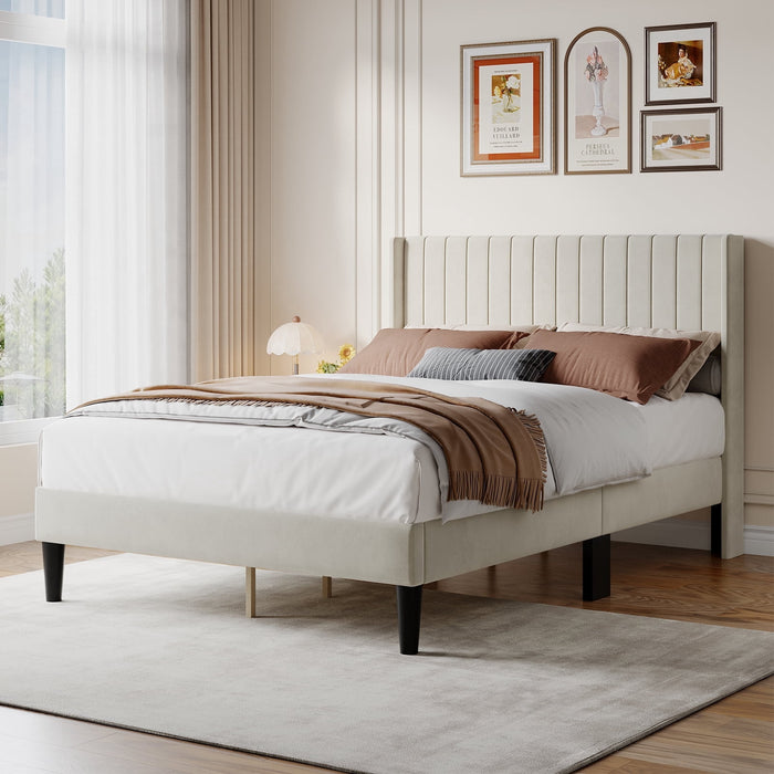 Taoset Upholstered Bed Frame with Wingback Headboard, Heavy Duty Vertical Channel Platform Bedframe, Fabric Mattress Foundation, No Box Spring Needed, Full