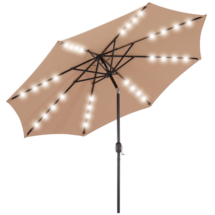 Taoset 10ft Solar LED Outdoor Umbrella with Tilt Function - UPF 50+ Waterproof Patio Shade with Metal Frame for Deck, Yard & Market, Khaki