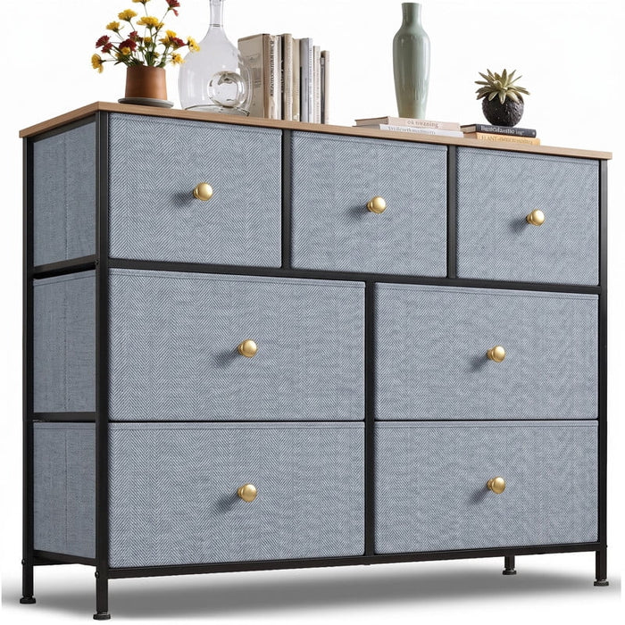 Betcozy Dresser, Storage Organizer with 7 Drawers for Bedroom, Chest of Drawers with Fabric Bins, Sturdy Metal Frame, Wood Tabletop for Guest Room, Closet, Entryway, Nursery, Blue
