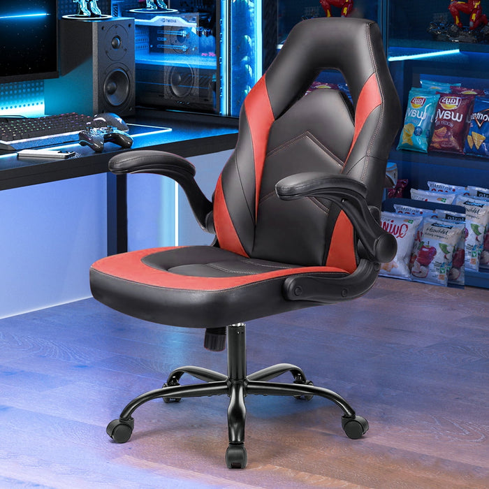 Simenmax Gaming Chair, Ergonomic Office Leather Racing Chair with Flip-up Armrest, Black Red