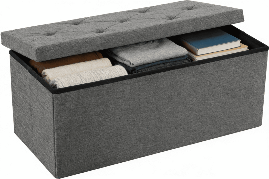 Taoset 30" Folding Storage Ottoman Bench - Gray Linen Fabric Footrest with 90L Hidden Compartment for Bedroom & Living Room