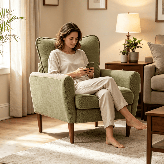 Betcozy Accent Chair, Wide Upholstered with Pillow, Mid‑Century Modern Style, 380‑lb Static Capacity, Solid Wood Feet, Green