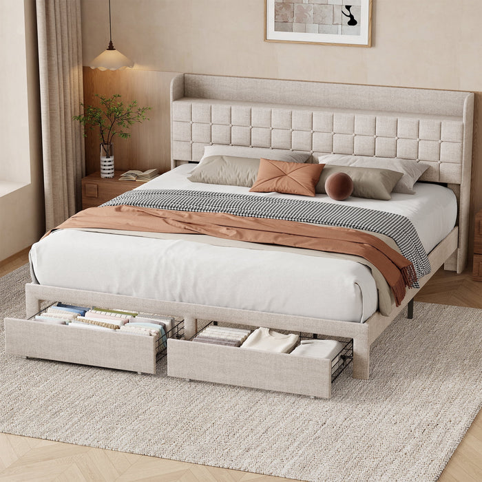 Taoset King Size Upholstered Platform Bed Frame with 4 Storage Drawers, Tufted Wingback Headboard with Top Storage Shelf, Heavy Duty Steel Slat Support, No Box Spring Needed, Noise-Free, Beige Linen