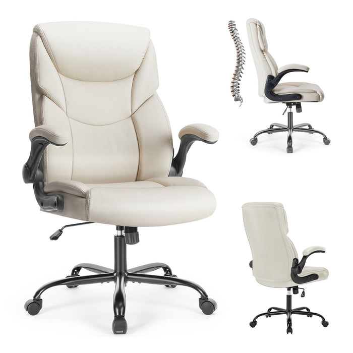 Betcozy Office Chair, Executive PU Leather Chair with Adjustable Flip-up Armrests, Ergonomic High Back Desk Chair with Lumbar Support, Thick Padded Home Office Chair, Heavy Duty Metal Base, White