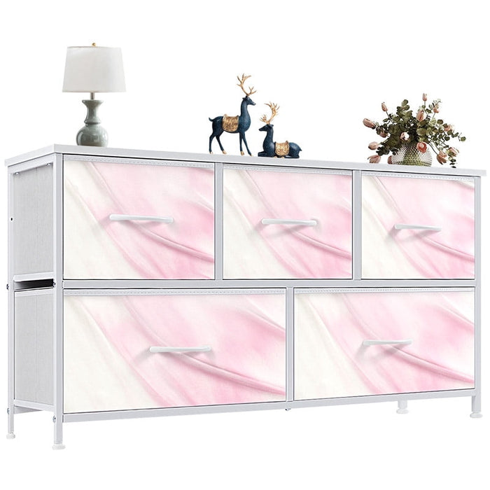 Nextay 5-Drawer Dresser, Wide Fabric Chest of Drawers, Nightstand Storage Tower with Wood Top for Bedroom Living Room,Dazzling Pink