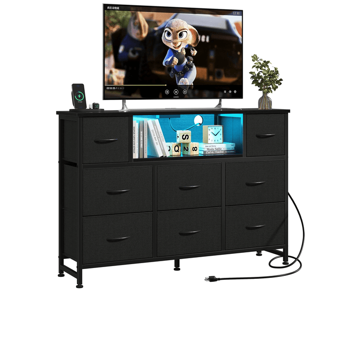 Blorly 8-Drawer TV Stand with LED Lights & Power Outlet, Entertainment Center with Open Storage Shelf, Tall Dresser for 50/55 inch TV, Media Console with Charging Station for Bedroom & Living Room, Black