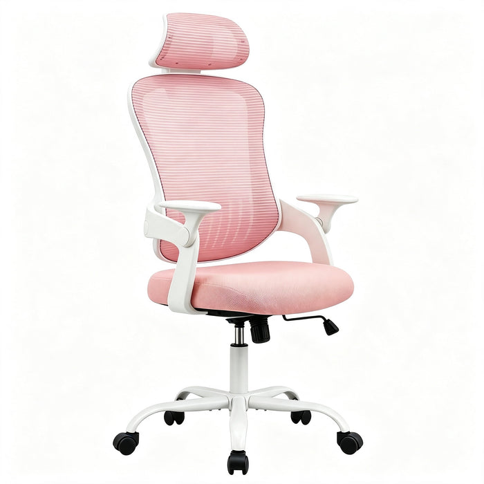 Taoset High‑Back Mesh Office Chair with Adjustable Headrest, Flip‑Up Armrests Swivel Desk Chair for Home Office, Pink