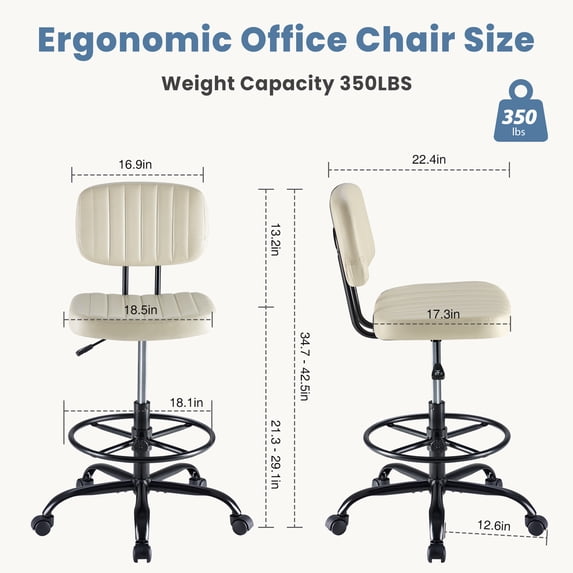 Armless Office Desk Chair, PU Leather Ergonomic Task Chair with Low Back Lumbar Support, Height Adjustable Swivel Computer Chair for Home Office